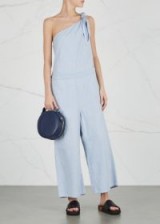 MM6 BY MAISON MARGIELA Pale blue one-shoulder denim jumpsuit ~ loose fit wide-leg jumpsuits