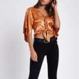 River Island Orange satin jacquard cape sleeve tie top – silky kimono sleeved tops