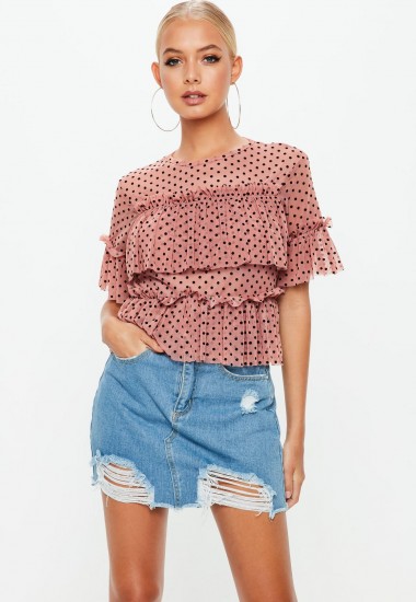 Missguided pink dobby spot mesh frill short sleeve top – ruffle tops