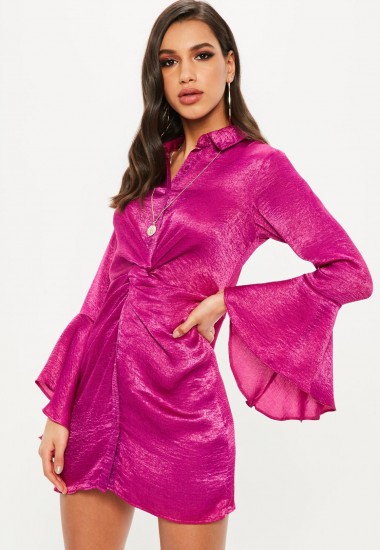 Missguided pink hammered satin twist waist dress ~ front ruched dresses