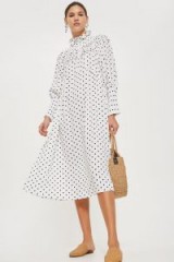 Topshop Polka Dot Frill Midi Dress | ruffle neck dresses | spring fashion