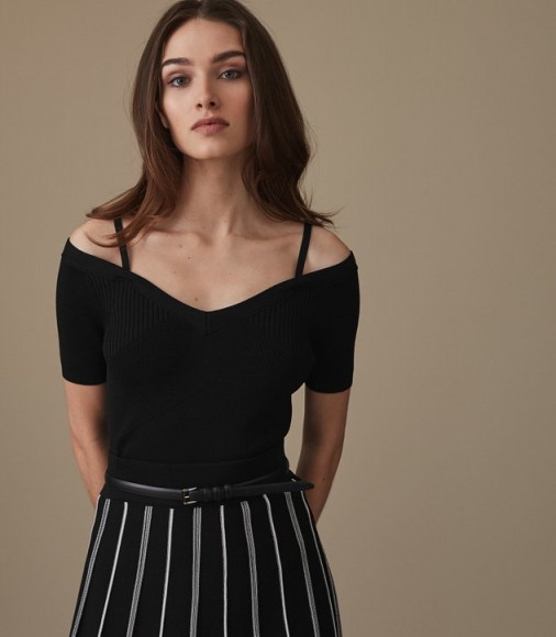 REISS ROSINA KNITTED SHORT-SLEEVED TOP BLACK ~ cold shoulder tops ~ chic bardot