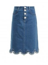 SEE BY CHLOÉ Scalloped-hem denim midi skirt ~ blue frayed hemline skirts