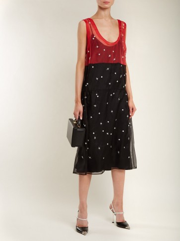 MIU MIU Scoop-neck embroidered organza dress ~ red and black crystal embellished dresses