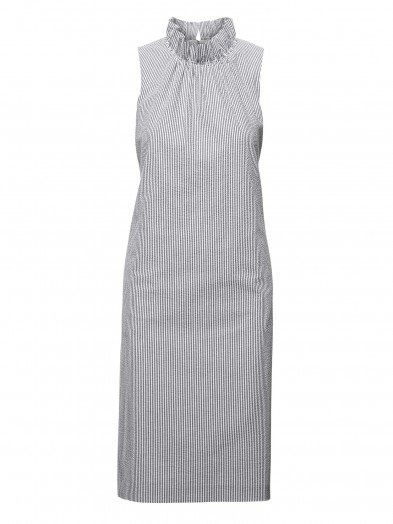 BANANA REPUBLIC Seersucker Ruffle-Neck Dress ~ chic blue and white stripe shift dresses