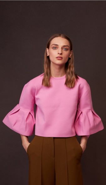 TIBI STRUCTURED BELL SLEEVE PULLOVER – pink wide sleeved tops