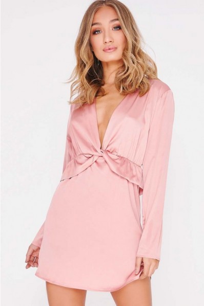 ANAMARI ROSE PINK SATIN FRILL WRAP DRESS | plunge front going out dresses
