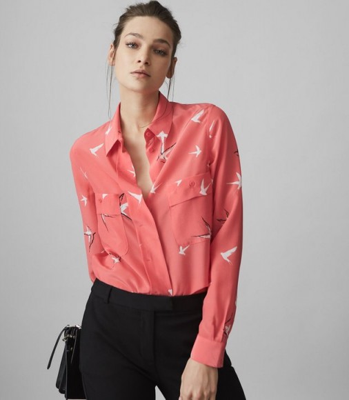 REISS ANGRA BIRD-PRINT SHIRT WATERMELON ~ pink printed shirts