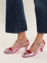 GUCCI Anita crystal-bow embellished T-bar metallic-pink leather pumps