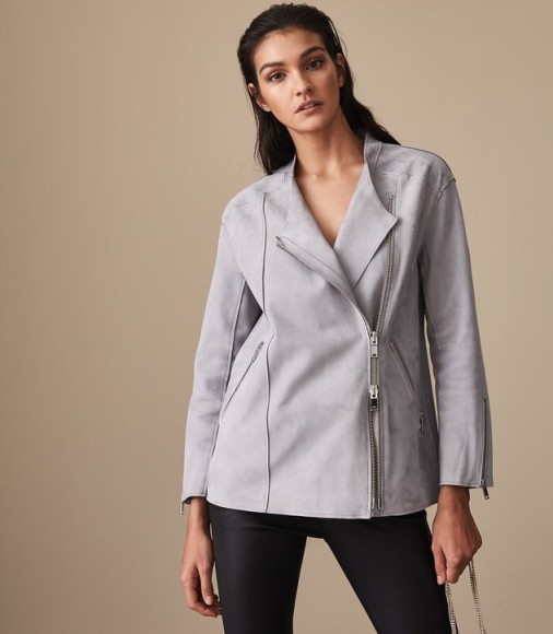 REISS ANYA SUEDE JACKET BLUE ~ collarless jackets