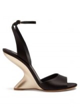 SALVATORE FERRAGAMO Arsina sculptural-heel satin wedge sandals ~ metallic curved wedged heel