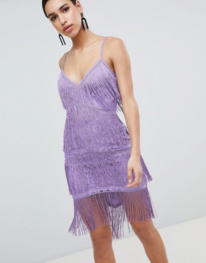 ASOS DESIGN fringe & lace plunge bodycon mini dress in Lilac