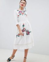 ASOS DESIGN Premium Lace Embroiderd Midi Dress With Open Back / white floral dresses