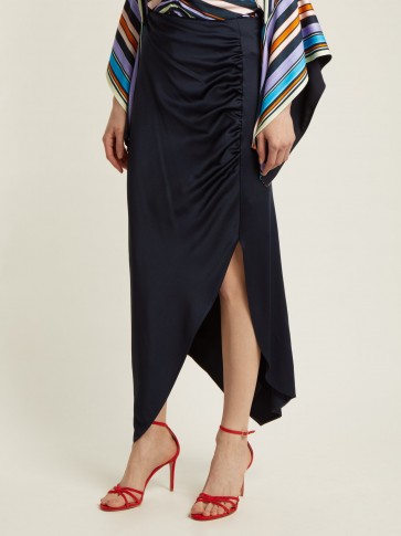 PETER PILOTTO Asymmetric ruched navy satin skirt ~ dark-blue side split skirts