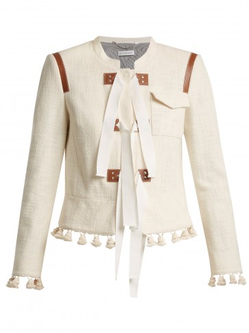 ALTUZARRA Avenue tie-detail jacket ~ brown leather trim ivory tasseled jackets