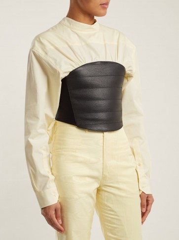 MARINE SERRE Back-to-front yellow shirt with black leather bustier ~ corset style tops