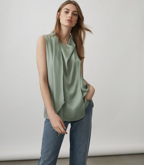 REISS CLAIRE SAGE GREEN DRAPE-DETAIL SLEEVELESS TOP