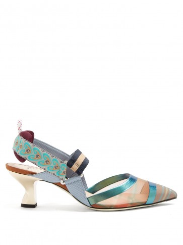 FENDI Colibri Tartan-print slingback mesh pumps ~ blue mixed fabric slingbacks