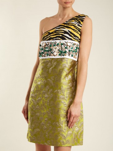 PRADA Contrast-panel asymmetric-neck brocade dress ~ luxe one shoulder dresses ~ metallic-floral fabrics