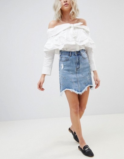 Current Air Denim Mini Skirt with Raw finish | embellished frayed skirts