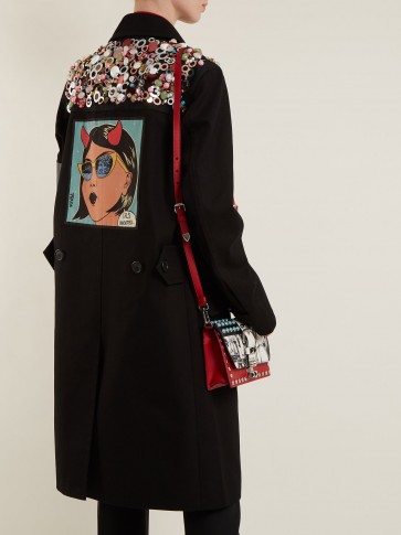 PRADA Embellished double-breasted cotton-drill coat ~ comic print coats