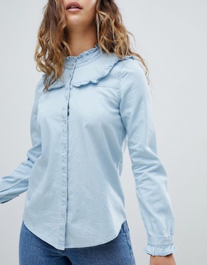 Esprit High Neck Denim Shirt | blue frill trimmed shirts