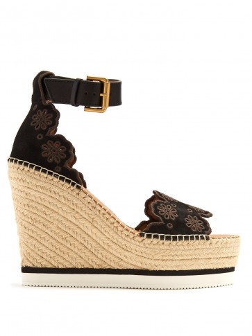 SEE BY CHLOÉ Flower laser-cut suede wedge espadrilles ~ 70s style summer wedges