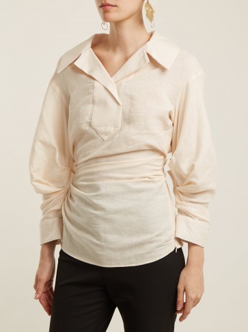 JACQUEMUS Gathered beige linen and cotton-blend shirt ~ chic ruched shirts