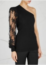 GIVENCHY Black one-shoulder jersey and lace top ~ chic sheer sleeve tops