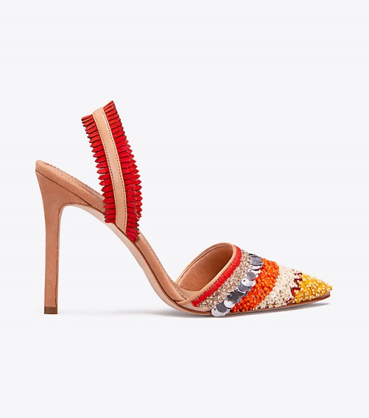 TORY BURCH ISLE SLINGBACK PUMP. FRINGED SLINGBACKS