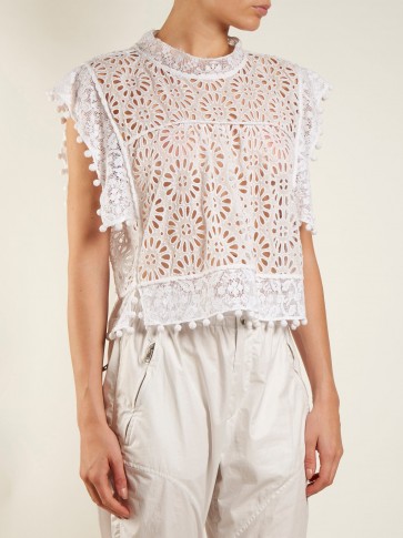 ISABEL MARANT Kery broderie-anglaise pompom-trimmed top ~ chic boho tops