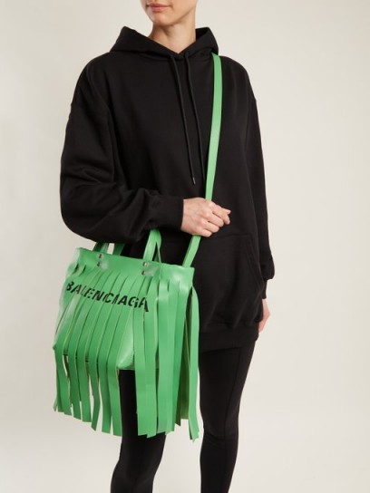 BALENCIAGA Green Leather Laundry Fringes XS bag ~ large fringed shoulder bags