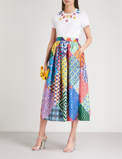 MARY KATRANTZOU Egret high-rise jacquard midi skirt ~ multicoloured patchwork print skirts ~ metallic thread