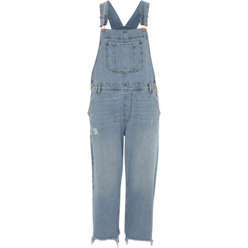 RIVER ISLAND Mid blue wash denim dungaree | distressed overalls