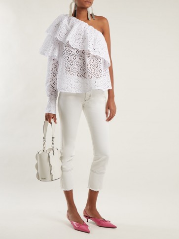 MSGM One-shoulder white broderie-anglaise cotton top ~ feminine summer tops