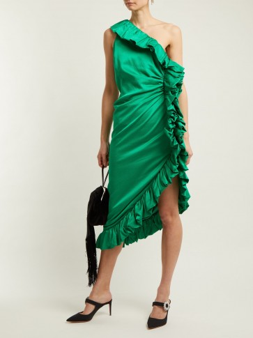 ATTICO One-shoulder ruffle-trimmed green satin dress