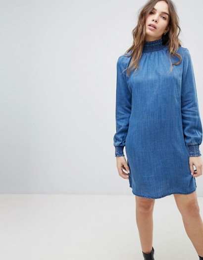 Only High Neck Denim Smock Dress | blue smocked trim dresses