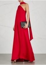 OSMAN Lulu one-shoulder satin cape gown ~ chic red neck tie gowns