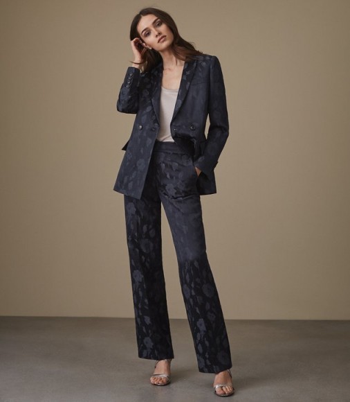 PEONY TROUSER JACQUARD WIDE-LEG TROUSERS NAVY ~ floral pants