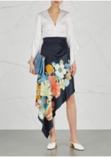 PETER PILOTTO Navy floral-print asymmetric satin skirt ~ blue side ruched skirts