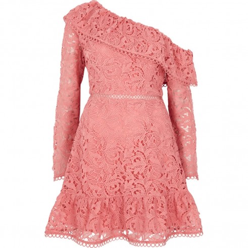 River Island Pink lace one shoulder frill occasion dress – frilled hem party dresses