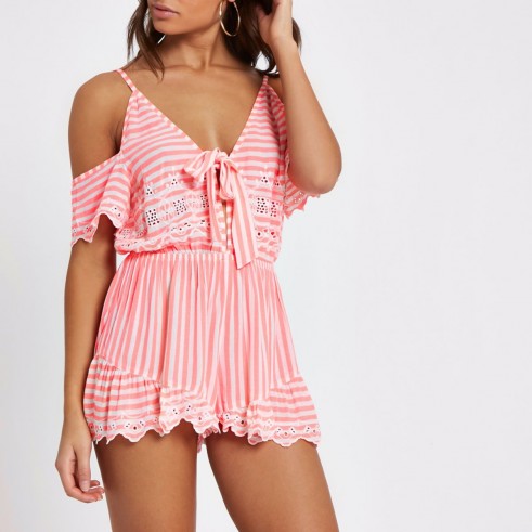 River Island stripe tie front broderie playsuit ~ cold shoulder playsuits