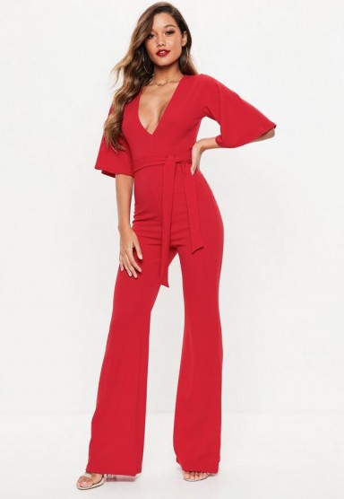 Missguided red kimono sleeve plunge jumpsuit | plunging jumpsuits