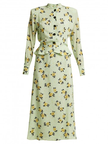 ALESSANDRA RICH Rose-print peplum silk dress ~ mint green and yellow floral vintage style dresses