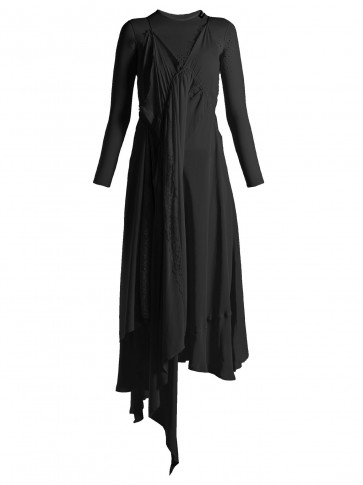 BALENCIAGA Round-neck draped silk-crepe dress ~ black asymmetric dresses