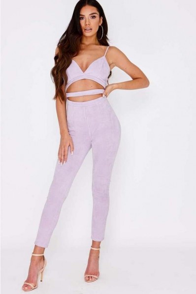 SARAH ASHCROFT LILAC FAUX SUEDE CUT OUT JUMPSUIT ~ fitted strappy jumpsuits