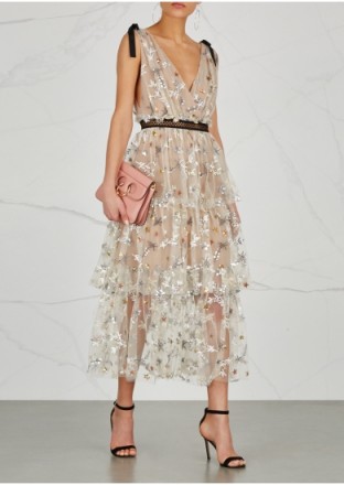 SELF-PORTRAIT Almond embroidered tulle midi dress ~ feminine semi sheer tiered event dresses