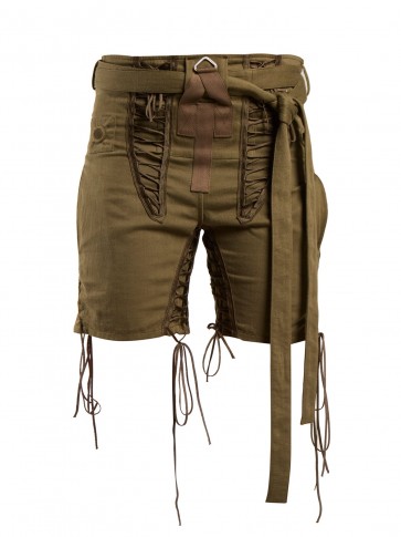 SAINT LAURENT Tie-waist lace-embellished shorts ~ utilitarian style khaki short