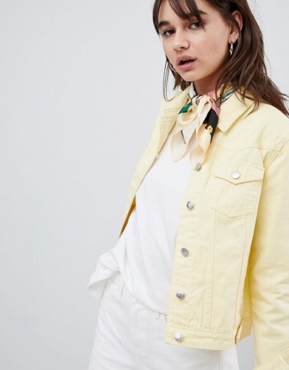 Urban Bliss Distressed Trucker Denim Jacket in Pastel Lemon | pale yellow jackets