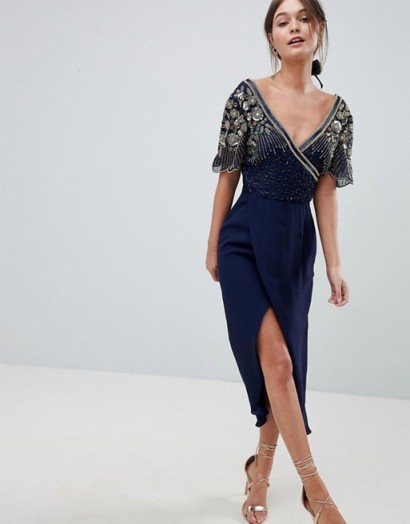 Virgos Lounge Julisa Embellished Wrap Midi Dress / navy plunge front evening dresses